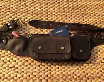Leather Utility Belt Bag, Passport Holder, Travel Hip Bag, Pocket Belt, iPhone Pouch, Burning Man Festival Belt - The Explorer