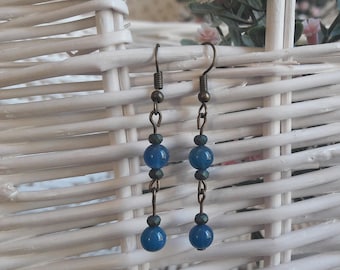 Blue and moss green beaded earrings