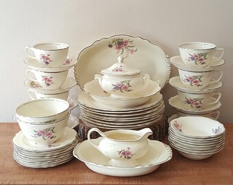 Homer Laughlin China Virginia Rose "Two Sprig Meadow Goldenrod Silver Trim" VR175 48 Piece Set for 8 Made in Newell WV USA 1937-1953
