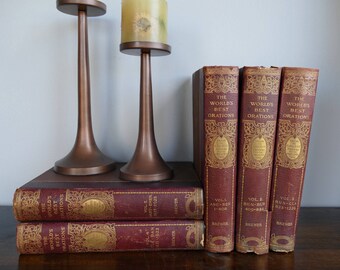 Leather Antique 1899 World's Best Orations books, decor stack FARMHOUSE mantel, decorative wedding, Joanna Gaines style, fixer upper, shelf