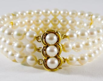 Vintage 14k Gold and Lustrous 3-Strand White Pearl Bracelet