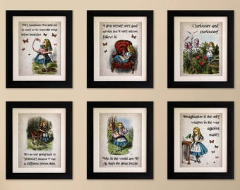 Set of 6 Alice in Wonderland Vintage Style Quote Prints, Shabby Chic, Wall Art Print, Fab Picture Gift