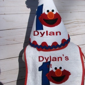 first birthday elmo hat and bib set free personalization, 2nd birthday party hat, smash cake hat, birthday hat