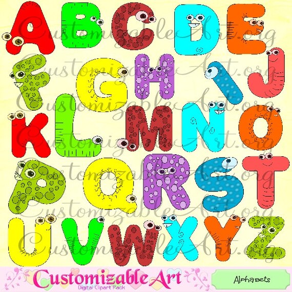 cute alphabet clipart digital printable animal alien big eyes