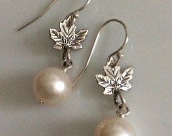 Sterling Silver Maple Leaf and White Pearl Earrings