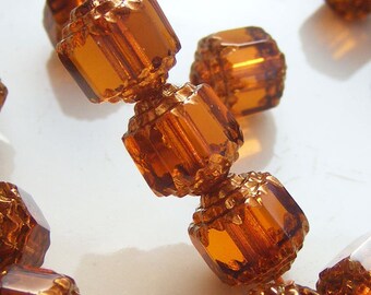 Czech Cathedral Beads 8mm Fire Polish Dark Topaz with Gold Glass (Qty 8) SRB-8FPC-DT-G