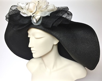 Kentucky Derby Black Straw Hat Large Brim Straw Hat for Derby Black Straw Church Hat