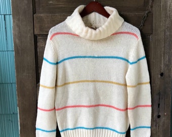 Vintage 80's White Striped Soft Acrylic Turtleneck Sweater by Catalina size Extra Large