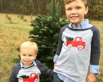 Vintage Christmas Truck Raglan T-Shirt for Boys, Holiday Shirts for Boys, Toddler Christmas Shirts, Shirts with Trucks, Pickup Truck Shirt