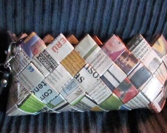 Kitschy wristlet purse made of old newspapers