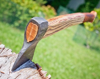Viking engraved axe Wooden steel hatchet Hand forged battle woodwork axe Bushcraft wildlife camping tool Unique gift for hunting Father gift