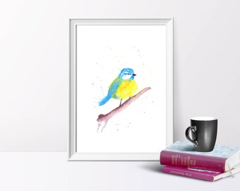 Blue-tit, Bird, Watercolour Illustration, A4/A5 Print