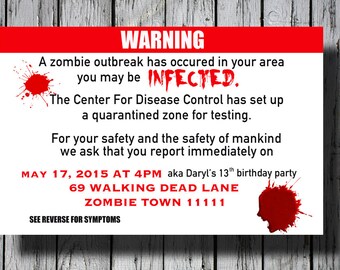 Set of 12+ Zombie Party Invitation, Walking Dead Invitation, C009