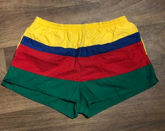 Vintage POLO by RALPH LAUREN Men's Swimming Trunks / Red Yellow Green Blue Stripes / Colorblock Swim Shorts / Trendy Men's Summer Fashion