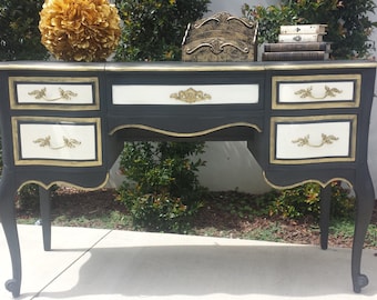 SOLD -- Vintage French Provincial vanity desk - - shabby black, white and gold beauty