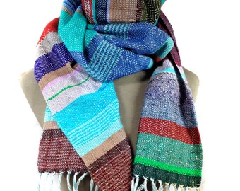 Carrie | Handwoven EXTRA LONG Boho Chic Fashion Scarf | Woven Sangria, Monaco Blue & Aqua Accessory | Striped Luxury Womens Neckwear