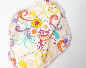 Cloth Mama Pad / Reusable Cloth Pad - Regular Flow - Yellow & Pink Swirl Printed 8 Inch FREE Shipping