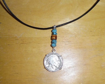 Buffalo nickle pendant with embellishments and leather necklace