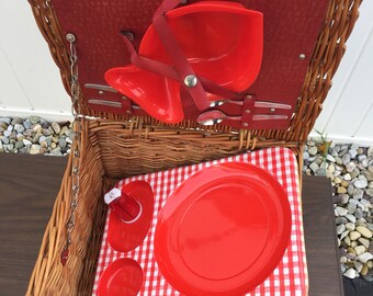 Vintage Brexton red plaid wicker picnic basket