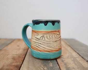 Waves mug; surf mug, slab mug, handmade, handbuilt, coffee cup, tea cup, coffee mug, pottery, ceramic