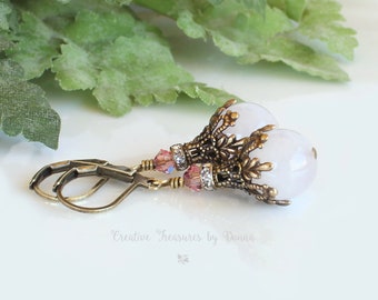 Rose Quartz Gemstone Earrings, Brass Earrings, Swarovski Crystals, Rhinestone Spacers, Victorian Earrings, Brides Earrings, Gifts For Her