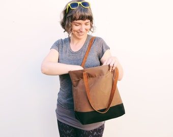 Portsmith Waxed Canvas + Leather Tote with Envelope Base, Canvas Tote, Market Bag, Carry All, Leather Handles, Tote Bag, Canvas & Leather