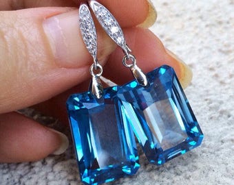 Sale London Blue Topaz earrings. Vibrant Blue. Pave dangles. Solid Sterling Silver. Statement jewelry. December birthstone gift.