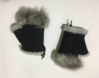 Sheepskin Fingerless Black Gray One Size