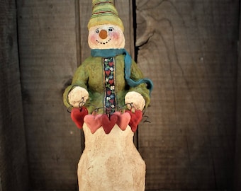 Primitive Snowman with a String of Hearts~~OOAK~~Folk Art Snowman