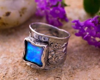 Blue Opal Ring, Silver Opal Ring, Sterling Silver Ring, Blue Ring, October birthstone Ring, Autumn Ring, Fashion Ring, handmade