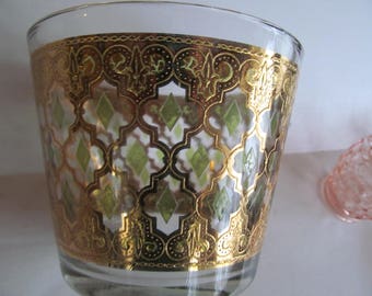 Culver Glass Ice Bucket Mid Century Glassware 22K Gold encrusted Bar Cart Decor Green and Gold Glasses Culver Glassware