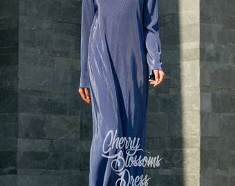 Blue Maxi Dress with Long Sleeves – Loose Fit Dress in Sizes XS to 4XL, 016.227