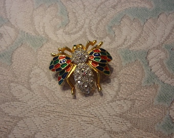 Vintage Bee Brooch, Gold Tone w/ Green, Red, and Black Enamel and Rhinestone Accents