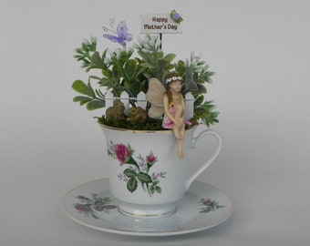 Fairy Garden Tea Cup, miniature garden, artificial flowers, fairy, bunnies, pre-made NOT DIY, Mother's Day gift