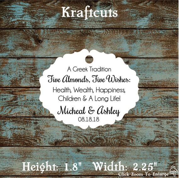 Greek Wedding Favor Tags, Jordan Almond Favor Tags, Sugared Almond Favor Tags, Five Wishes Poem Favor Tags #657 Qty: 30 Tags