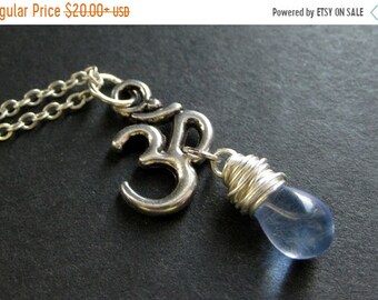 MOTHERS DAY SALE Yoga Necklace. Yoga Jewelry. Blue Necklace. Ohm Necklace. Om Necklace in Silver. Teardrop Necklace. Handmade Jewelry.