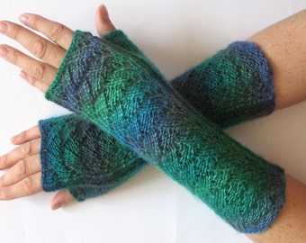 Fingerless Gloves Wrist Warmers Mittens Green Blue Purple Knit