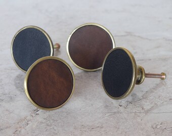 Brown & Dark Navy Blue Cowhide Leather Cupboard Door Knobs
