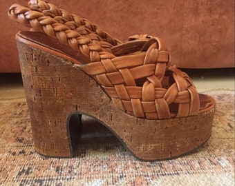 SH_017) Vintage leather braid Sandals Platform Cork Heel
