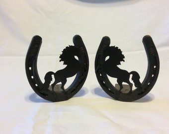 Lucky Horseshoe Bookends / Black Stallion / Rearing Horse /Library Bookends