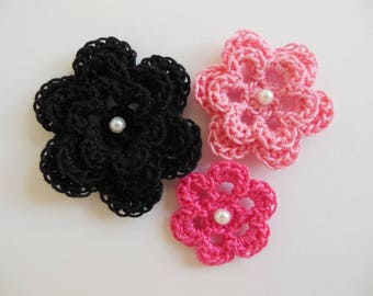 Crocheted Flowers - Pink and Black With a Pearl - Cotton Flowers - Crocheted Flower Appliques - Crocheted Flower Embellishments