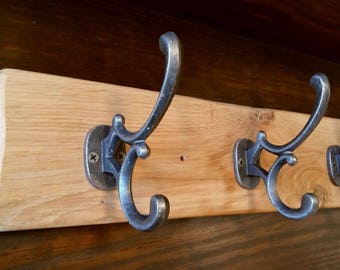 Rustic Wooden Coat Rack, Solid Oak, Antique Style Cast Iron Coat Hooks, Art Nouveau Style Double Hooks, Handmade, Colour & Size Options