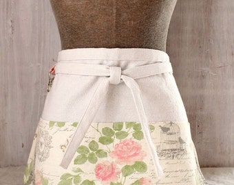 Garden Apron / French Apron / Roses Apron / Gift-for-Her / Shabby Chic Paris Apron / Half Apron