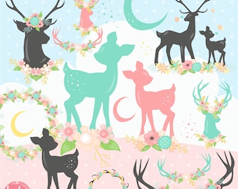 80% OFF SALE Deer clipart, fawn clipart commercial use, baby animals clipart vector graphics, antler clipart, flower digital images - CL1169