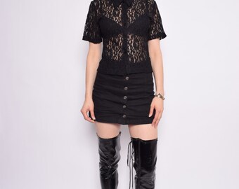 Jahrgang 90er Jahre schwarz schiere Top / schwarze Spitzenbluse Knopf / durchschauen Shirt - Größe klein