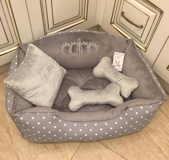 Grey and polka dot dog bed Purple and ivory princess dog bed
