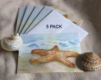 Starfish Blank Note Cards Beach Party Invitations Beach House Hostess Thank You Gift Summer Watercolor Greeting Card Sea Star Seashore Shore