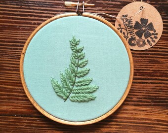 Hand Embroidered - 4 inch hoop - Botanical Leaf