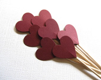 24 Dark Red/ Burgundy Heart Cupcake Toppers, Weddings, Showers, Party Decor, Double-Sided, Autumn, Fall, Valentine's Day