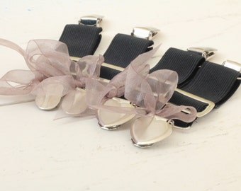 THIGH HIGH sock GARTERS - crocodile clips - onto shorts or knickers - pretty little bows - black garters - Gothic - sock suspenders grey